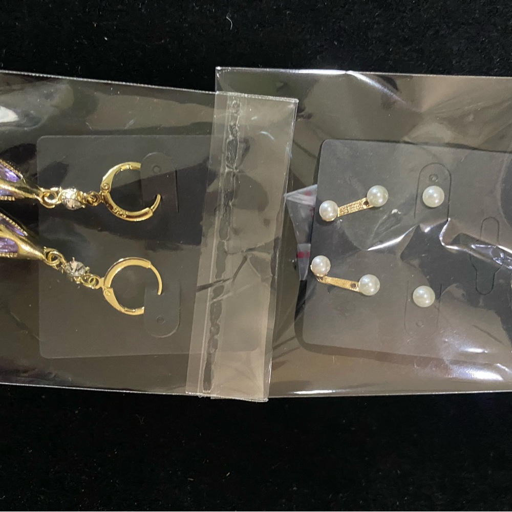 Gold and White Crescent Moon and Stud Earrings Set